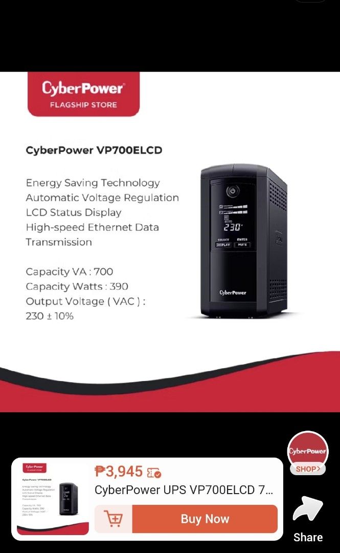 CyberPower VP700ELCD UPS (Category: Other Accessories) located in Taguig. Submitted by itspopoyavila (Listing ID 1438381495, Image 2). Description: never nagamit..