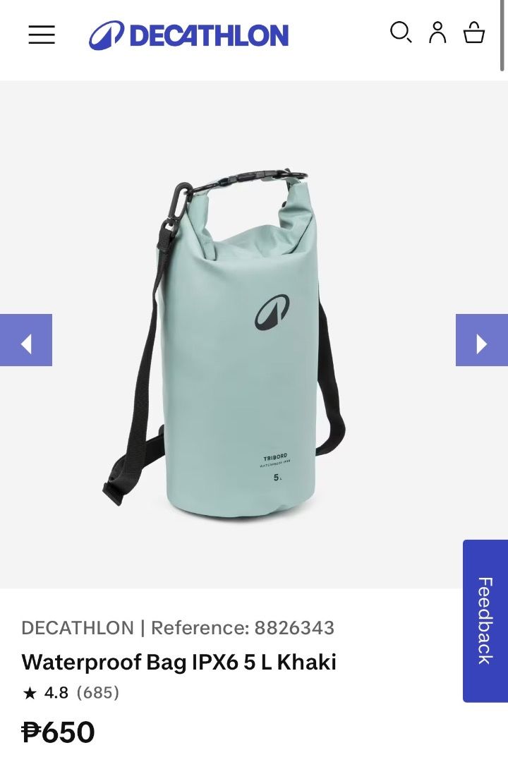 Decathlon Waterproof Bag IPX6 5L Khaki (Category: Sling Bags) located in Makati City. Submitted by roshaaan (Listing ID 1438496821, Image 1). Description: - Decathlon Waterproof Bag - 5L Capacity - IPX6 Waterproof Rating - Khaki Color - Includes Shoulder Strap - Ideal for Outdoor Activities & Travel NEVER BEEN USED Bought 05/09 at Decathlon MOA RFS Impulse buy.