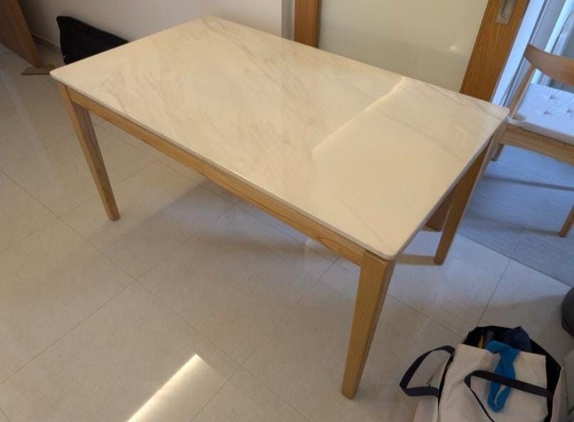 Dining Table (Category: Tables & Sets) located in Singapore. Submitted by ant310 (Listing ID 1438315629, Image 1). Description: 140 x 80 cm Can't remember if the top is quartz or sintered stone Solid Beech wood base and legs Moving house sale.