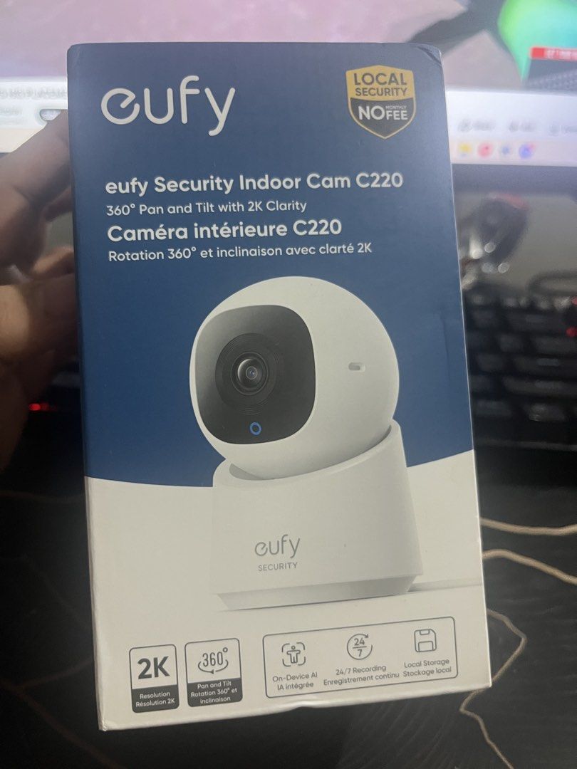 Eufy Security Indoor Cam C220 (Category: Security Systems & CCTV Cameras) located in Manila. Submitted by jianjjang (Listing ID 1438491419, Image 2). Description: - Eufy Security Indoor Cam C220 - 2K crystal-clear video - 360° pan and tilt for full coverage - Two-way audio for easy communication - AI human detection and tracking - Local storage - no monthly fees! - Includes: Camera, USB cable, and charger adapter - 24/7 continuous recording.