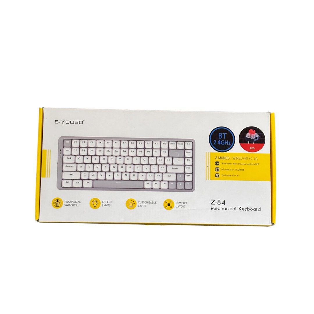 E-YOOSO Z-84 Mechanical Keyboard (Category: Computer Keyboard) located in Antipolo. Submitted by thriftyeph (Listing ID 1438367897, Image 2). Description: E-YOOSO Z-84 Mechanical Keyboard * Compact layout * 3 Modes: Bluetooth, 2.4GHz, Wired * Red Switches * Customizable Lights * Includes: Keycap puller, extra keycaps, USB cable * Win/Mac and 2.4G/BT switch * Used for 5 days only. * RFS: Received same keyboard as gift * Orig price: ₱1,595 * Price 