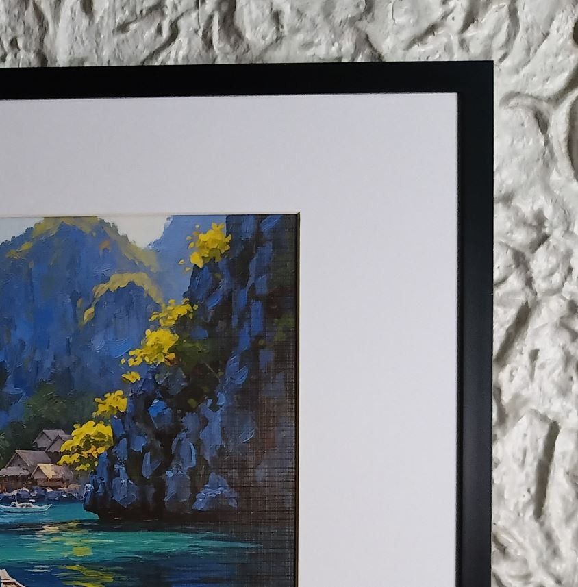 Framed Beach Painting Style Wall Art Print (Category: Frames & Pictures) located in Manila. Submitted by newtrendph (Listing ID 1438383568, Image 3). Description: This wall art is Ideal for living room, bedroom, or Airbnb décor. a wall decor Finished with a modern black frame and clean white matting for a high-end gallery presentation. - Beautiful framed beach scene wall art - Depicts a serene beach with a boat. - Features clear blue water and cl