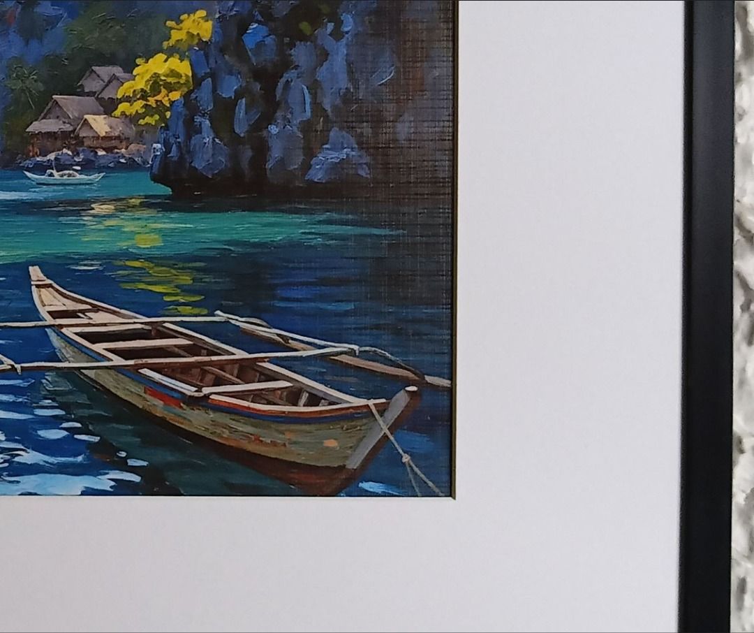 Framed Beach Painting Style Wall Art Print (Category: Frames & Pictures) located in Manila. Submitted by newtrendph (Listing ID 1438383568, Image 2). Description: This wall art is Ideal for living room, bedroom, or Airbnb décor. a wall decor Finished with a modern black frame and clean white matting for a high-end gallery presentation. - Beautiful framed beach scene wall art - Depicts a serene beach with a boat. - Features clear blue water and cl