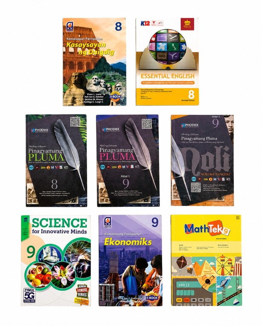 Grade 8 & 9 School Textbook (NEGO) (Category: Textbooks) located in Makati City. Submitted by meowmyyyy (Listing ID 1426515781, Image 1). Description: FOR SALE: GRADE 8 & GRADE 9 SCHOOL BOOKS Halos lahat pass as brand new at maayos pa ang condition. Grade 8 ₱300 Ikatlong Edisyon Pinagyamang PLUMA ₱350 Kamalayang Panlipunan: Kasaysayan ng Daigdig ₱300 Essential English Grade 9 ₱380 Ikatlong Edisyon Pinagyamang PLUMA Aklat 1 ₱380 Ikatlong Edisyon P