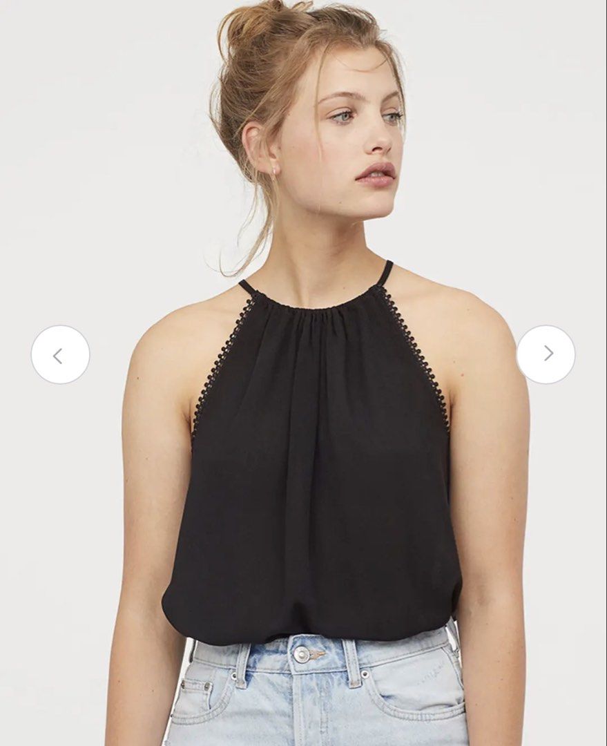 H&M Black Crinkled Strappy Halter Top (Category: Sleeveless) located in Pateros City. Submitted by evenings_ (Listing ID 1438486950, Image 2). Description: - H&M black halter top - Round neckline with delicate trim - Thin straps - Flowy silhouette - Keyhole detail at the back - Lightweight fabric - Perfect for a casual, chic look.