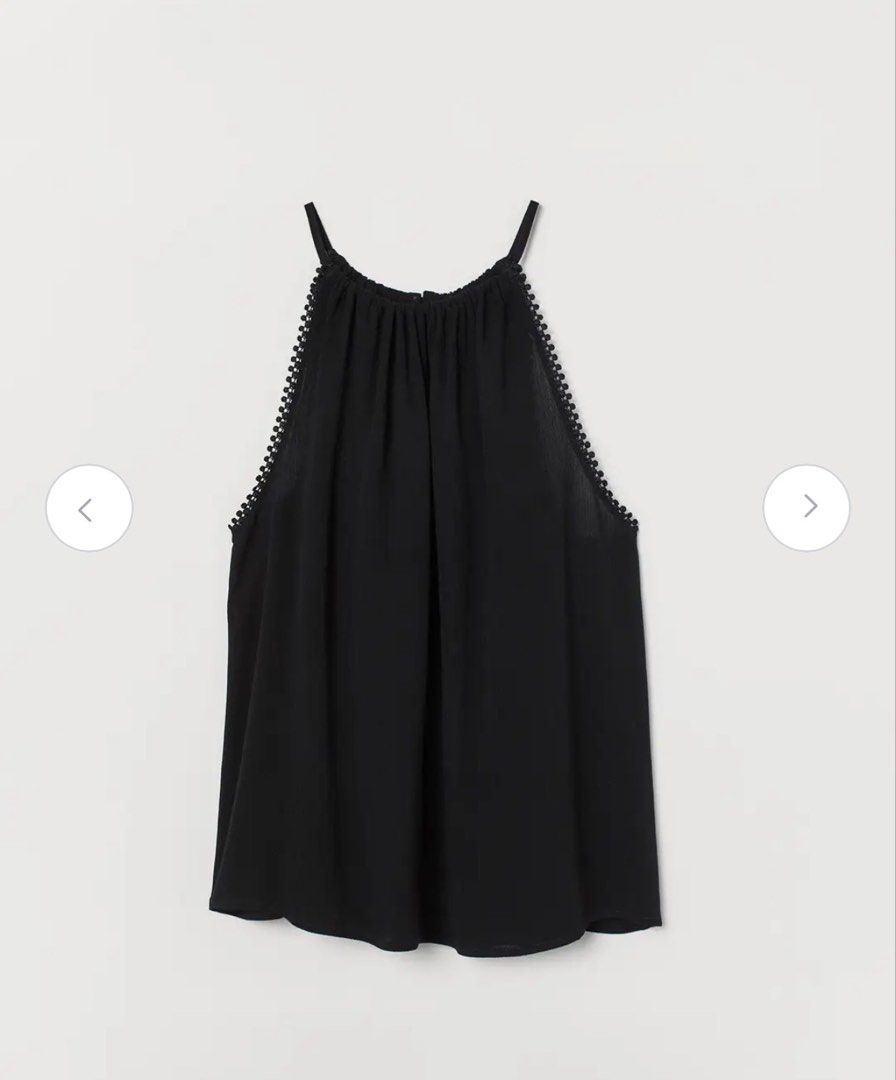 H&M Black Crinkled Strappy Halter Top (Category: Sleeveless) located in Pateros City. Submitted by evenings_ (Listing ID 1438486950, Image 1). Description: - H&M black halter top - Round neckline with delicate trim - Thin straps - Flowy silhouette - Keyhole detail at the back - Lightweight fabric - Perfect for a casual, chic look.