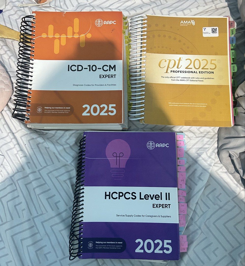 ICD-10-CM, CPT 2025 Coding Books (Category: Textbooks) located in Manila. Submitted by marymariel50758 (Listing ID 1438433817, Image 1). Description: Set of three 2025 medical coding books: ICD-10-CM Expert, CPT Professional Edition, and HCPCS Level II Expert. These books are published by AAPC and AMA. They are essential resources for diagnosis codes, procedure codes, and service supply codes. Perfect for medical coders and healthcare professiona