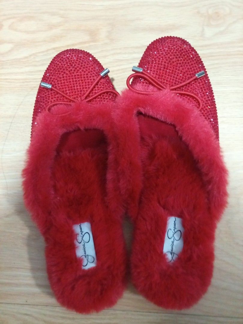 Jessica Simpson Red Embellished Slippers (Category: Slippers and slides) located in Pasig City. Submitted by matmat1031 (Listing ID 1438401509, Image 1). Description: - Brand: Jessica Simpson - Color: Red - Features: Sparkly embellished upper, fur-lined interior - Details: Bow detail, brand logo on insole - Condition: Unworn.