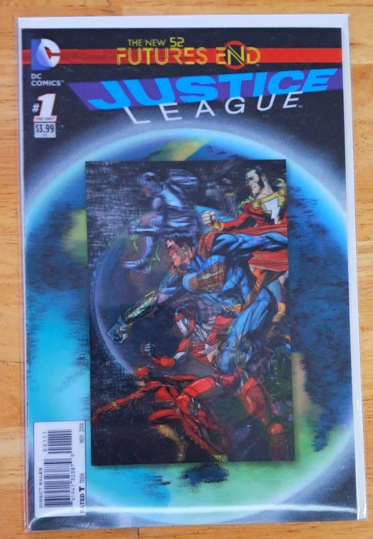 Justice League #1 Futures End Comic Book (Category: Comics & Manga) located in Quezon City. Submitted by ernestamaru2 (Listing ID 1438376809, Image 1). Description: - Justice League #1 comic book - From the Futures End series - Features the DC Comics logo - Priced at $3.99 - Dynamic cover art showcasing Justice League characters - Includes a protective sleeve.