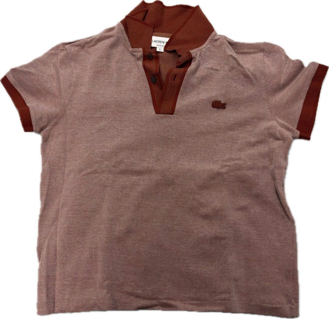 Lacoste Regular Fit Polo Shirt (Category: Shirts) located in Paranaque City. Submitted by joetrd (Listing ID 1438480743, Image 1). Description: - Color: Reddish-brown - Unique ribbed collar - Cropped Regular Fit - No issues/defects at all - Length Measurement: 21 inches - Width Measurement: 19.5 inches.