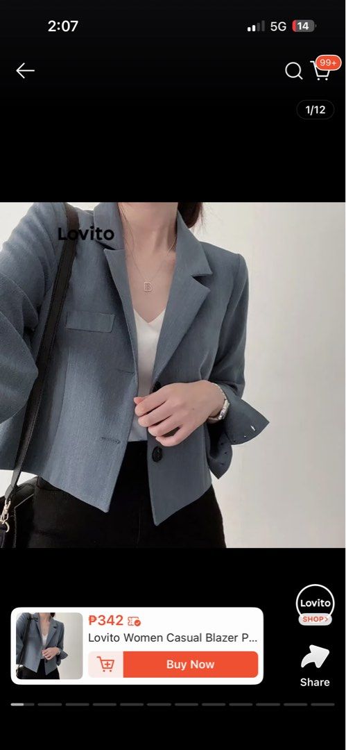 Lovito Women Casual Blazer (Category: Coats, Jackets and Outerwear) located in Los Banos. Submitted by _loopee27 (Listing ID 1438388814, Image 1). Description: - Lovito Women's Blazer - Color: Gray - Size: L - Design: Cropped - Closure: Single-button - Features: Notched lapel, chest pocket - Fabric: Smooth - Suitable for various occasions.