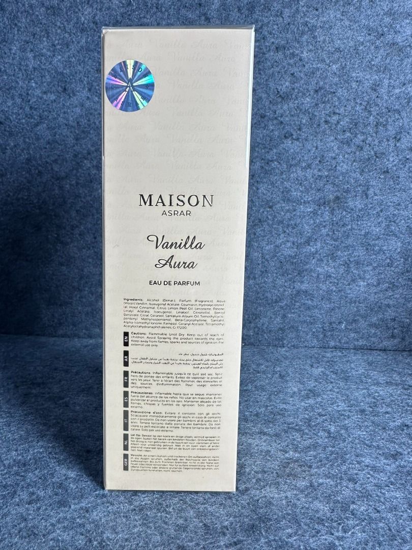 Maison Asrar Vanilla Aura Eau de Parfum 100ml (Category: Fragrance & Deodorants) located in Taguig. Submitted by minimaliscent (Listing ID 1438362076, Image 3). Description: - Maison Asrar Vanilla Aura Eau de Parfum - 100ml bottle - Sealed in plastic - Vaporisateur spray.