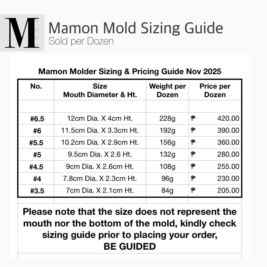 Mamon Mold, Sold by the Dozen (Category: Bakeware) located in Manila. Submitted by mshopmla (Listing ID 1438313410, Image 2). Description: PLEASE CHECK SIZING GUIDE PRIOR TO PLACING YOUR ORDER! Mamon molds have standard sizing of #3.5 #4 #4.5 #5 #6 and so on representing how many inches the mold is, please see illustrated sizing. The size does not represent the mouth nor the bottom of the mold. Please drop me a line prior to placing your order if