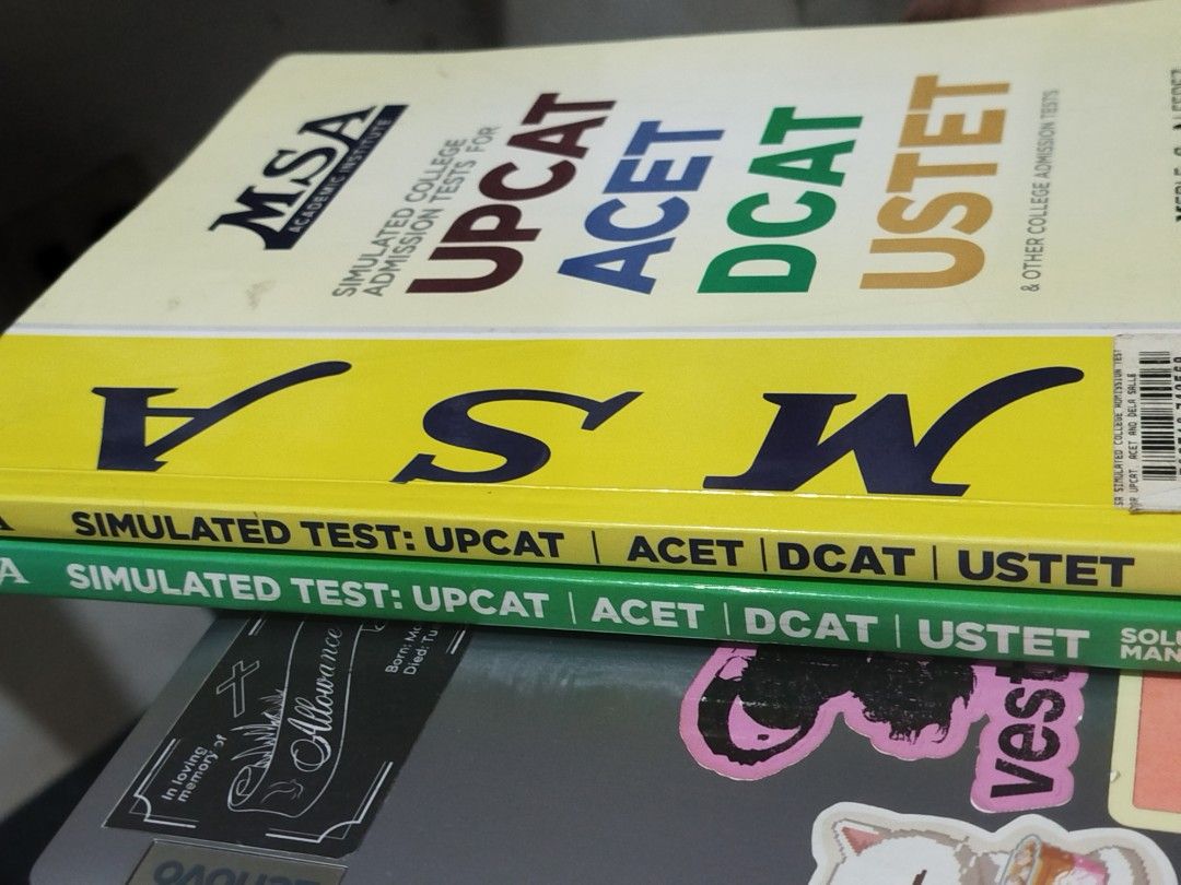 MSA Simulated College Admission Tests + Solutions Manual (Category: Textbooks) located in Caloocan City. Submitted by sunrizel (Listing ID 1438308054, Image 1). Description: - MSA Academic Institute review books - Covers UPCAT, ACET, DCAT, and USTET - Includes solutions manual - Perfect for college entrance exam prep (I passed my first choice program through my DCAT score, but will soon be attending UP cause I can't afford the tuition 😅) 📦 ship