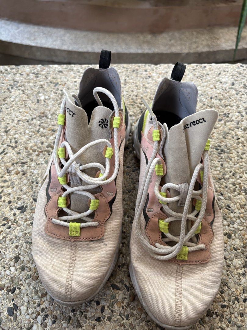 Nike React Element 55 Women's Sneakers (Category: Sneakers) located in Paranaque City. Submitted by chickenlexer (Listing ID 1438358858, Image 2). Description: - Needs Cleaning - Nike React Element 55 - Color: Beige and pink - Size: US 7.5, UK 5, EUR 38.5, CM 24.5 - Features speckled Nike swoosh and neon green accents - Style code: CD6964-600.