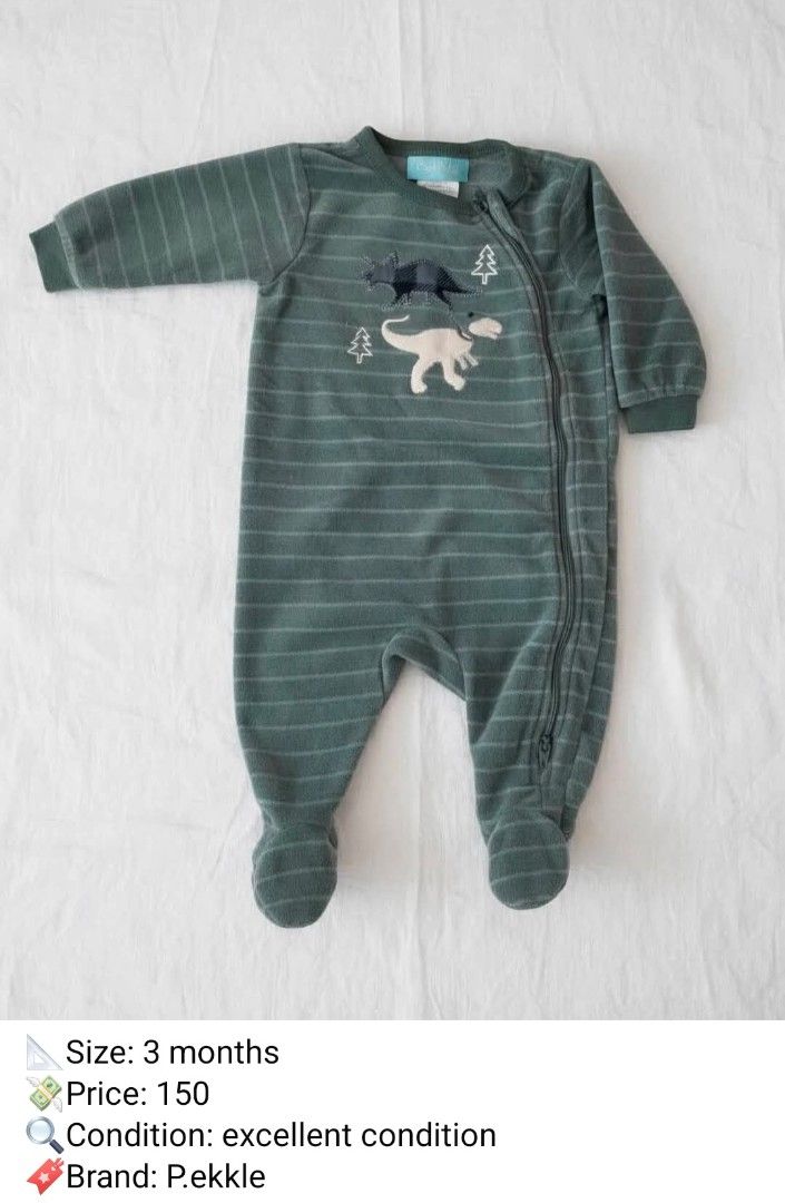 p.ekkle Dinosaur Onesie - 3 Months (Category: Babies & Kids Fashion) located in General Trias. Submitted by sscaparas (Listing ID 1438326293, Image 2). Description: - Cute dinosaur onesie for 3-month-old babies. - Full-length zipper for easy dressing. - Soft green color with striped detailing. - Footed bottoms and long sleeves. - Provides warmth and comfort..
