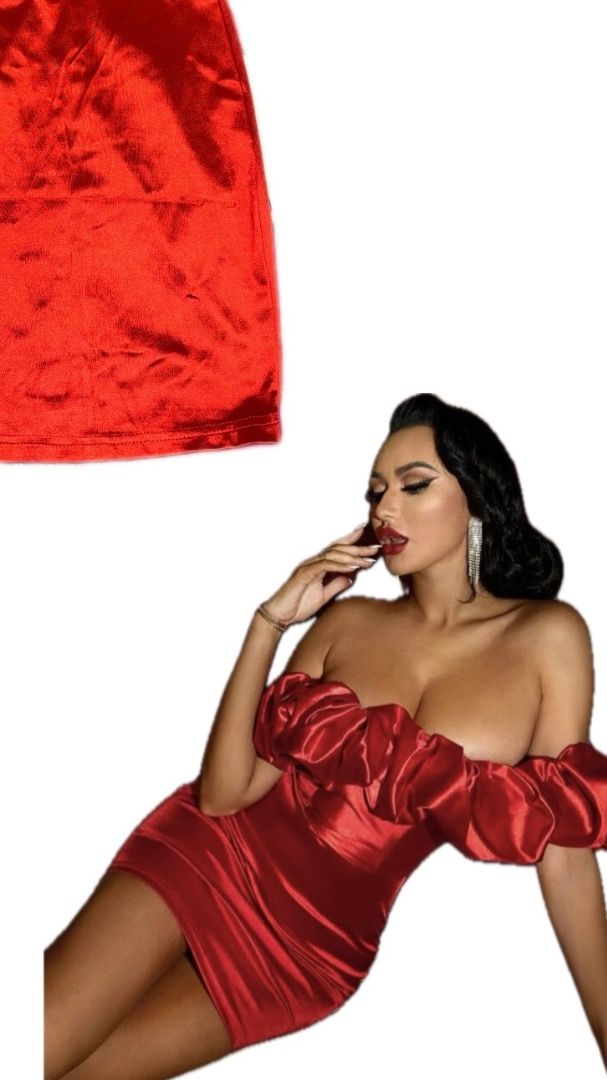 Red Satin Off-Shoulder Mini Dress (Category: Dresses) located in Manila. Submitted by 888ry (Listing ID 1438354305, Image 2). Description: 📍Quezon City Size: Small MOP: GCash MOD: Lalamove / J&T 📌 shipping fee is shouldered by the buyer .