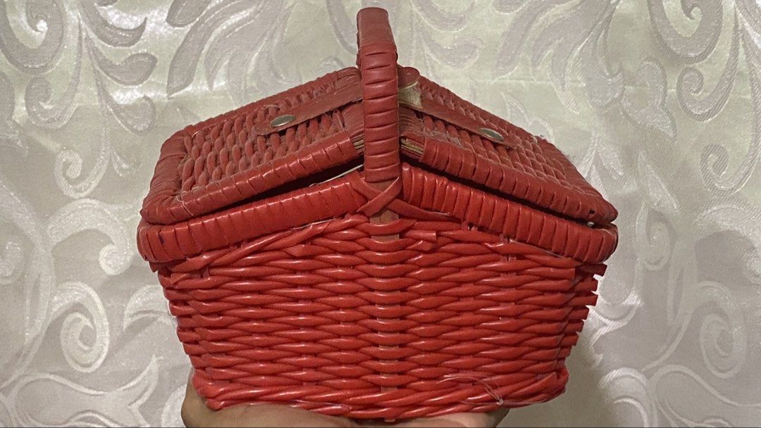 Red Wicker Picnic Basket with Tea Set (Category: Storage Boxes & Baskets) located in Manila. Submitted by 3asonlineshop (Listing ID 1438371146, Image 1). Description: Charming red wicker picnic basket includes a complete tea set. The set features a teapot, cups, saucers, and spoons, all in a matching red color with white polka dots. The basket has a handle and opens to reveal the tea set inside. The interior is lined with red fabric with pink pol