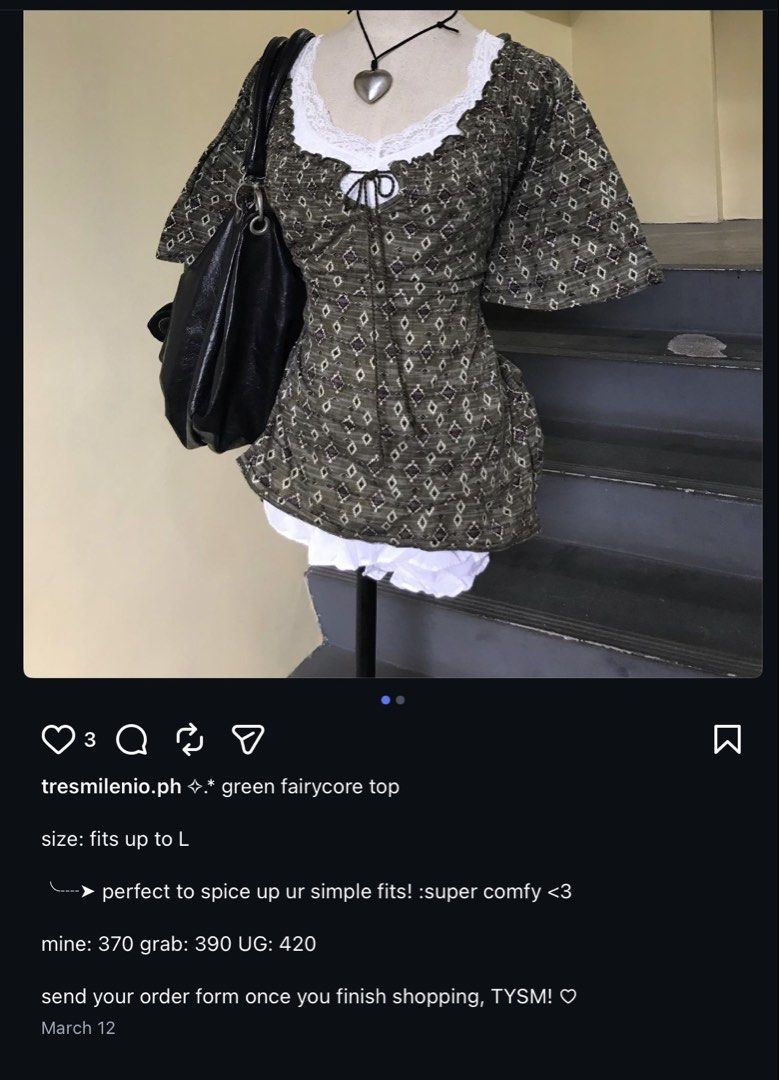 NEGOTIABLE RESELL!! both pcs for 370 (Category: Blouses) located in Manila. Submitted by acrookstour (Listing ID 1438452788, Image 2). Description: P120 green fairycore top size: fits up to L P150 gray pinstripe low rise shorts waist: 28 length: 12 Check their ig for original price that i bought for so this is soaper bagsak price .
