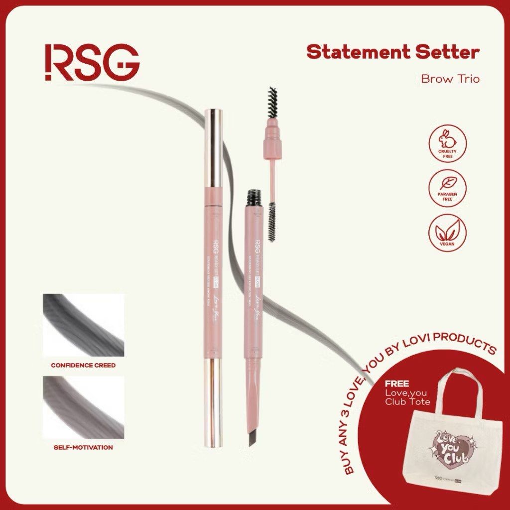 RSG Statement Setter Brow Trio (Category: Makeup) located in Taguig. Submitted by riverphoenix24 (Listing ID 1438465340, Image 1). Description: Shape, define, and set your brows with the RSG Statement Setter Brow Trio. This all-in-one trio features a pencil, gel, and spoolie for effortlessly sculpted brows. Key ingredients include Jojoba Seed Oil, Argan Oil, and Castor Oil. Available in Confidence Creed shade. Used once. Rfs: di bagay sa color ng