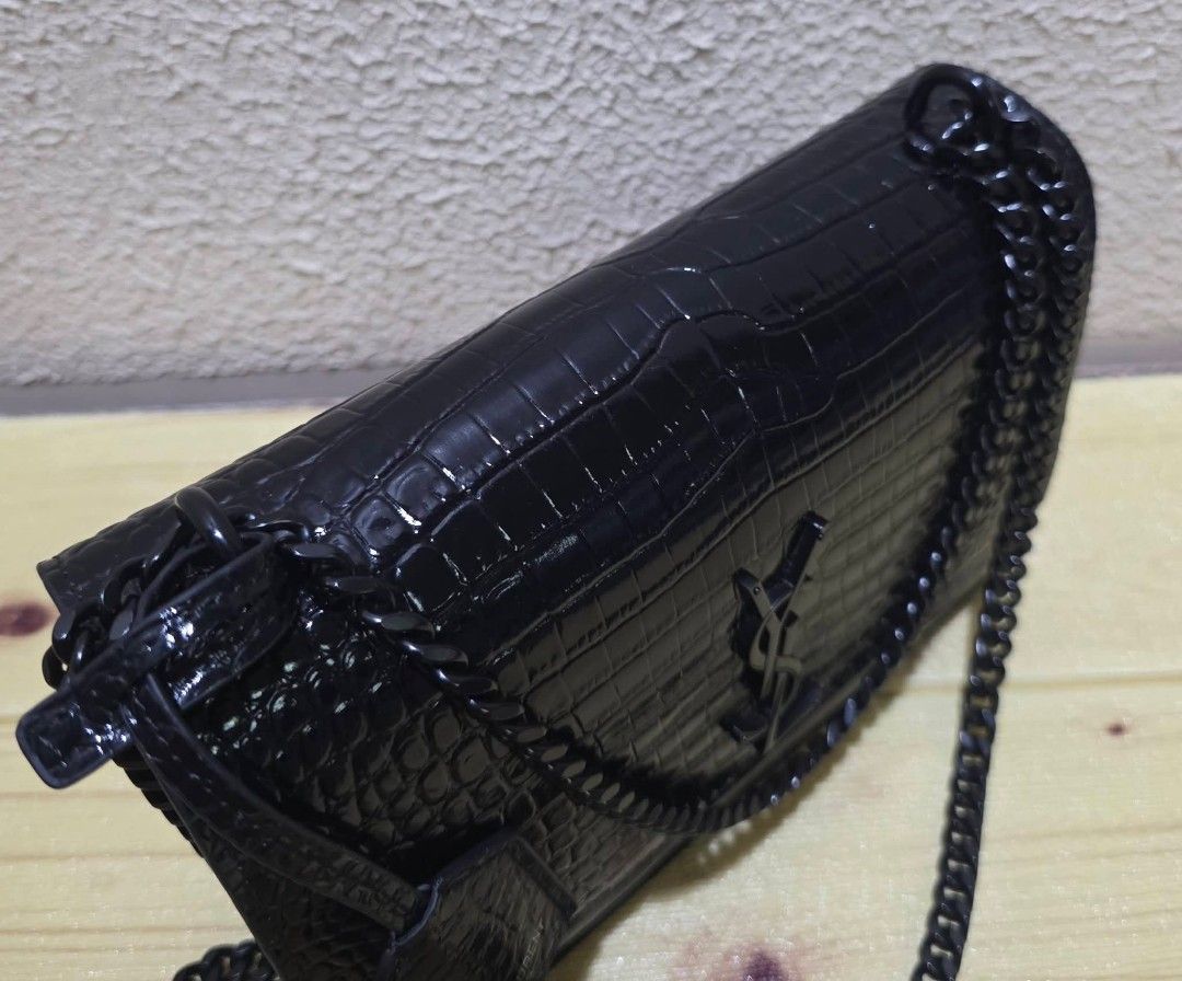 Saint Laurent Black Croc-Embossed Chain Bag (Category: Luxury Bags & Wallets) located in Manila. Submitted by mightyearth_615fd2 (Listing ID 1438306216, Image 2). Description: - Saint Laurent chain bag - Black color - Croc-embossed finish - Chain strap - Flap closure - Brand tag detail - Interior visible in photos.