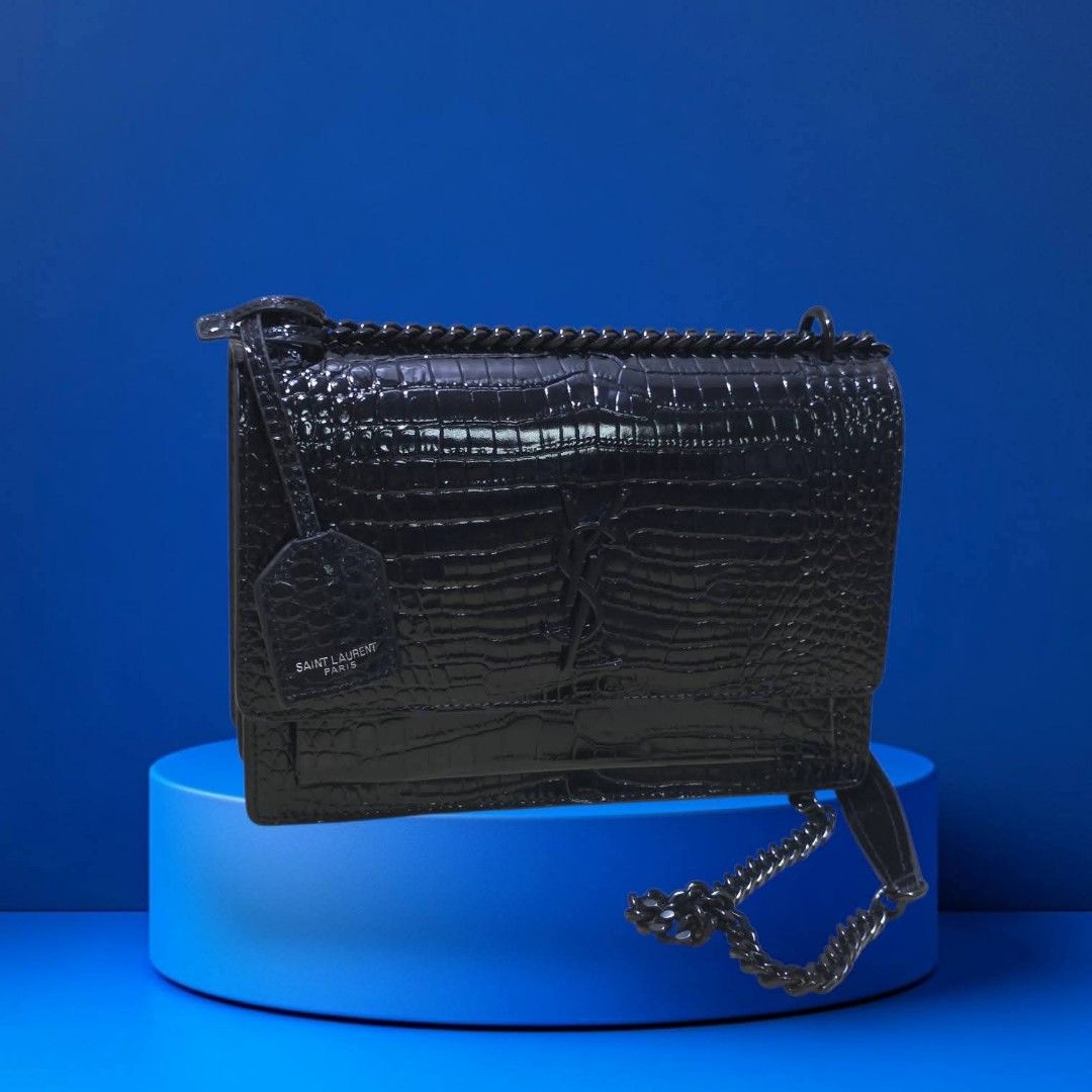 Saint Laurent Black Croc-Embossed Chain Bag (Category: Luxury Bags & Wallets) located in Manila. Submitted by mightyearth_615fd2 (Listing ID 1438306216, Image 1). Description: - Saint Laurent chain bag - Black color - Croc-embossed finish - Chain strap - Flap closure - Brand tag detail - Interior visible in photos.