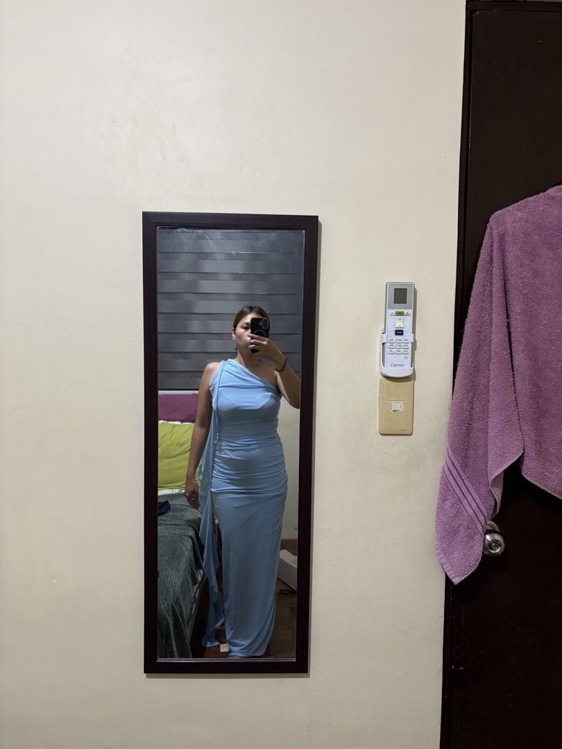 SHEIN Blue Long Backless Maxi Mesh Dress (Category: Dresses) located in Caloocan City. Submitted by trshmillenaa (Listing ID 1438452220, Image 1). Description: - Light blue color - Asymmetric design - Ruched bodice - Sinukat lang. hindi ginamit .