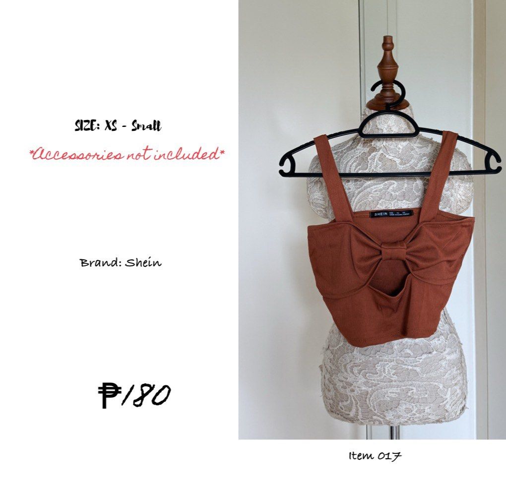 Shein Bow Detail Crop Top (Category: Sleeveless) located in Makati City. Submitted by kim.016 (Listing ID 1438380104, Image 1). Description: - Shein crop top - Features a bow detail - Available sizes: XS to Small - Accessories not included - Item 017 - Rockwell, Powerplant.