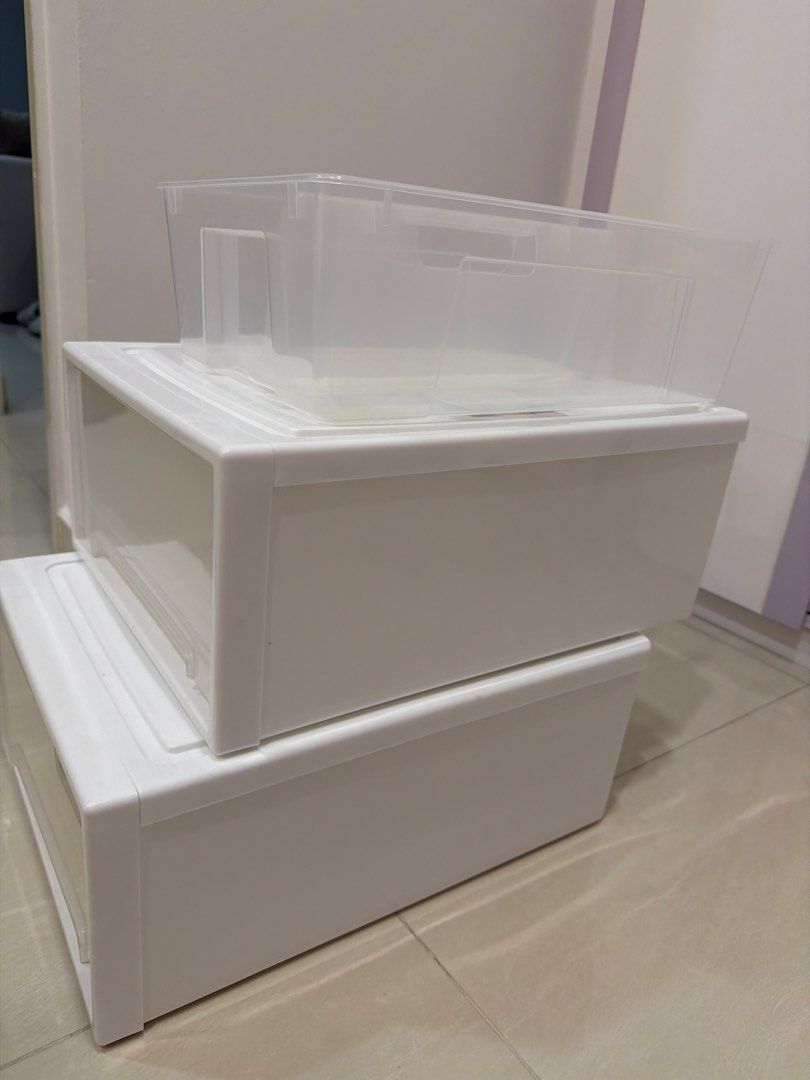 Stackable White Storage Boxes with Clear Drawers456901347383060481