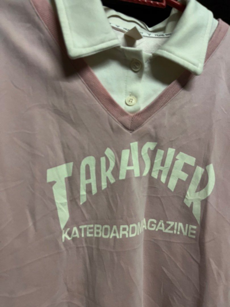 Thrasher Kateboard Magazine Sweatshirt (Category: Longsleeves) located in Taguig. Submitted by misguidedghost (Listing ID 1438471983, Image 2). Description: Pink Long-sleeve Shirt with Inner White Polo Brand: Hone Baby YLC Size: M to L - Pink Thrasher sweatshirt - White collar - Thrasher Magazine logo on front - V-neck with buttoned collar - Plain pink back - Ribbed cuffs - Comfortable, casual fit.