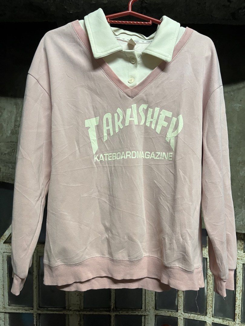 Thrasher Kateboard Magazine Sweatshirt (Category: Longsleeves) located in Taguig. Submitted by misguidedghost (Listing ID 1438471983, Image 1). Description: Pink Long-sleeve Shirt with Inner White Polo Brand: Hone Baby YLC Size: M to L - Pink Thrasher sweatshirt - White collar - Thrasher Magazine logo on front - V-neck with buttoned collar - Plain pink back - Ribbed cuffs - Comfortable, casual fit.