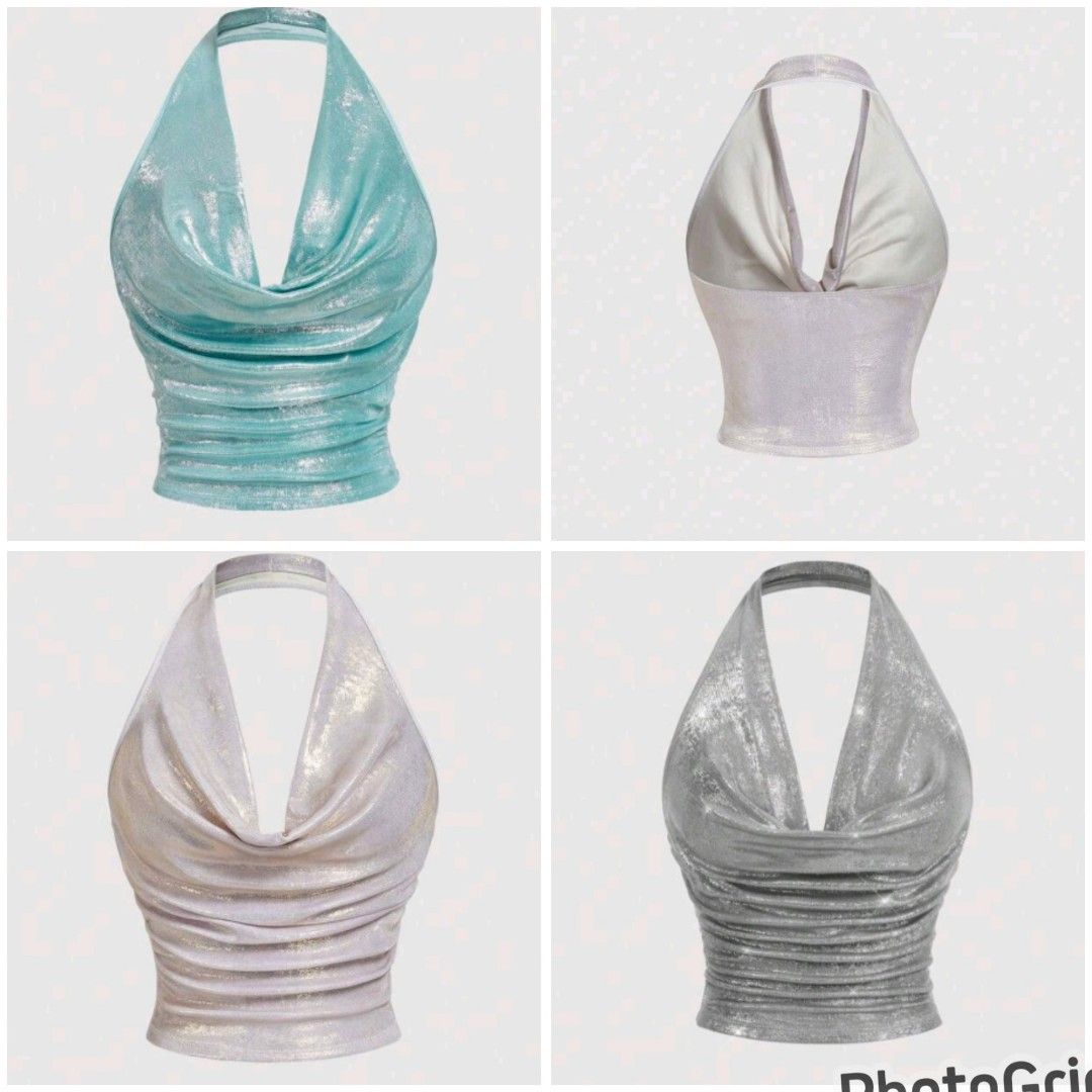 White metallic draped front halter crop top xs small medium large (Category: Sleeveless) located in Manila. Submitted by nariachic (Listing ID 1438408950, Image 1). Description: .