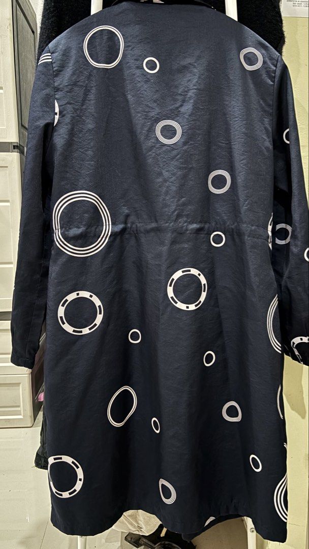 Yishang Black Circle Print Coat (Category: Coats, Jackets and Outerwear) located in Los Banos. Submitted by _loopee27 (Listing ID 1438356369, Image 2). Description: - Yishang black midi coat - Unique circle print design - Long sleeves - Collared neckline - Button-down closure - Two front pockets - Drawstring waist - Black and white striped lining -Fit to Small to Medium .