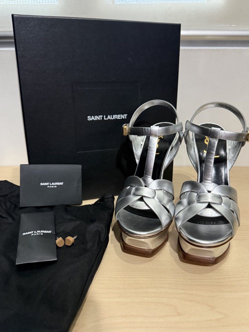 YSL Sandaletten Silver (Size 36.5) (Category: Heels) located in Quezon City. Submitted by moniquesanchez (Listing ID 1382442258, Image 1). Description: Bought for Php 60k Never used only stored Photos available upon request RFS: Decluttering.