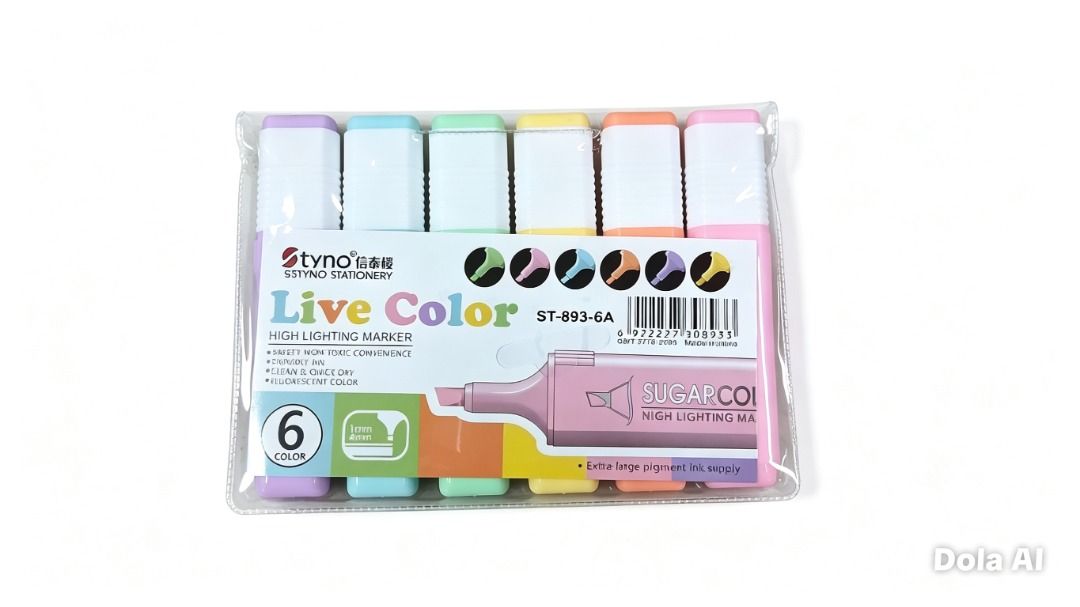 6PCS/Set 6 Colors Highlighter Marker (Category: Stationery & School Supplies) located in Manila. Submitted by townlites (Listing ID 1438585542, Image 1). Description: Brand: Styno 6pcs per pack Safety Non-Toxic Convenience Pigment ink Clean and Quick Dry Fluorescent Colors Brand new Quality product.