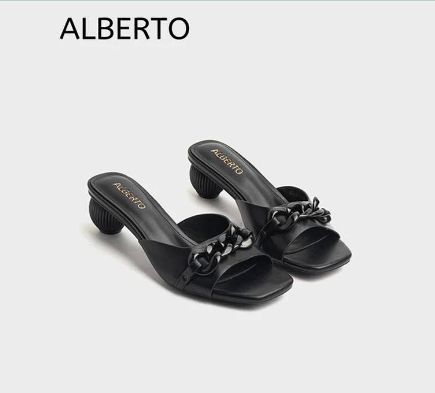 Alberto Black Chain Detail Sandals (Category: Flats & Sandals) located in Caloocan City. Submitted by bbtorres2023 (Listing ID 1438515802, Image 1). Description: - Alberto black sandals - Square toe design - Chain detail - Unique rounded heel - Brand visible on insole - Suitable for various occasions RFS: Joyjoy from my alberto warehouse sale selling from last year.