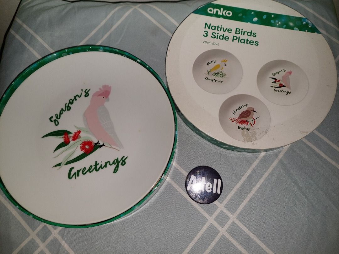 Anko Native Birds 3 Side Plates (Category: Dinnerware & Cutlery) located in Pasig City. Submitted by calmdragon (Listing ID 1438567523, Image 2). Description: - Set of three Anko Native Birds side plates. - Each plate features a unique bird design. - Includes Christmas greetings on each plate. - Comes in a round box with a green and white design. - Box indicates they are side plates..