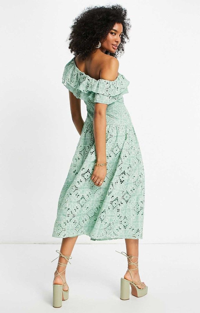 ASOS Sage Drop Waist One Shoulder Lace Dress (Category: Dresses) located in Pagudpud. Submitted by altheacee063978 (Listing ID 1438646226, Image 2). Description: - Mint green midi dress - Off-shoulder design - Ruffled neckline - Unique lace-like pattern - High slit on one side - Suitable for special occasions.