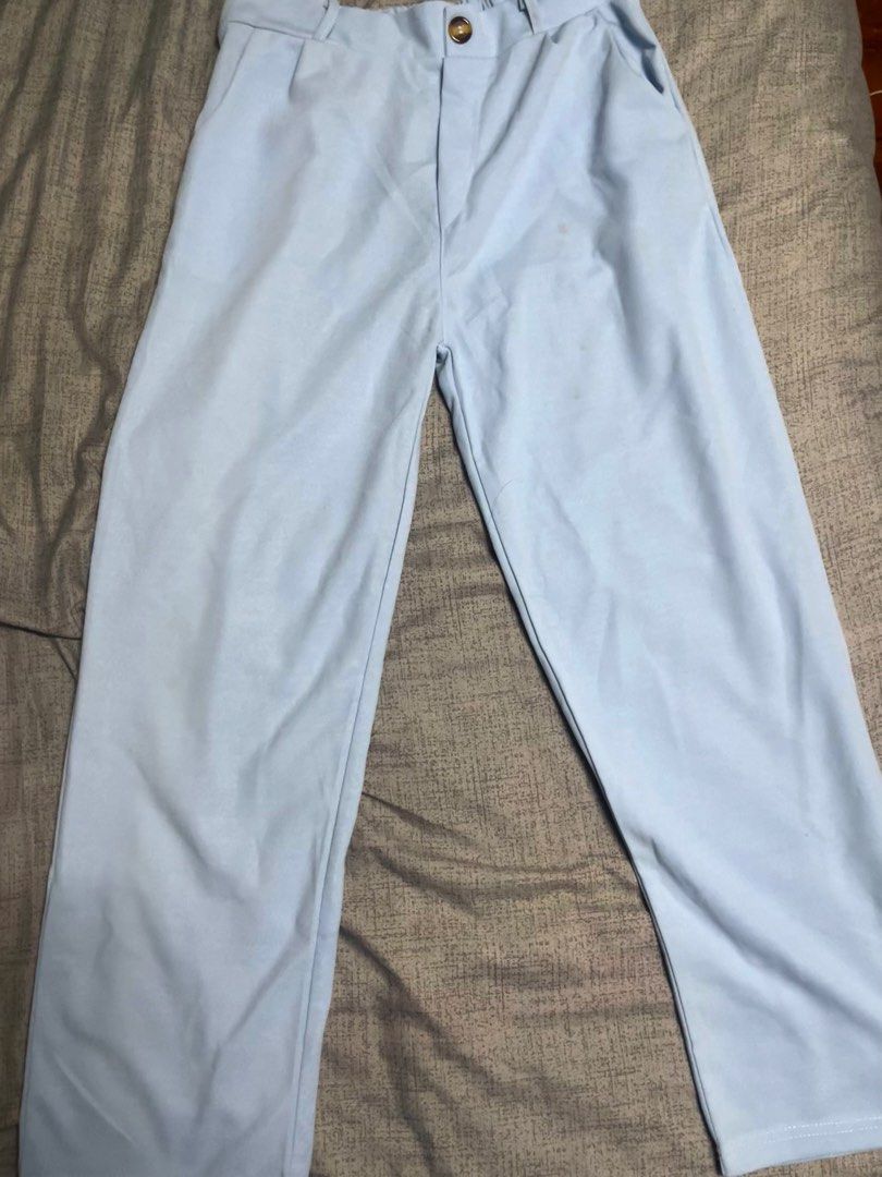 Baby Blue Wide Leg Pants (Category: Other Bottoms) located in Quezon City. Submitted by listless32 (Listing ID 1438691405, Image 1). Description: Waist 29-36 L 38 nay dumi you can check sa pic nalng , Light blue wide-leg pants with button and zipper closure. Soft fabric, relaxed fit, perfect for casual wear. Note: has two small spots..