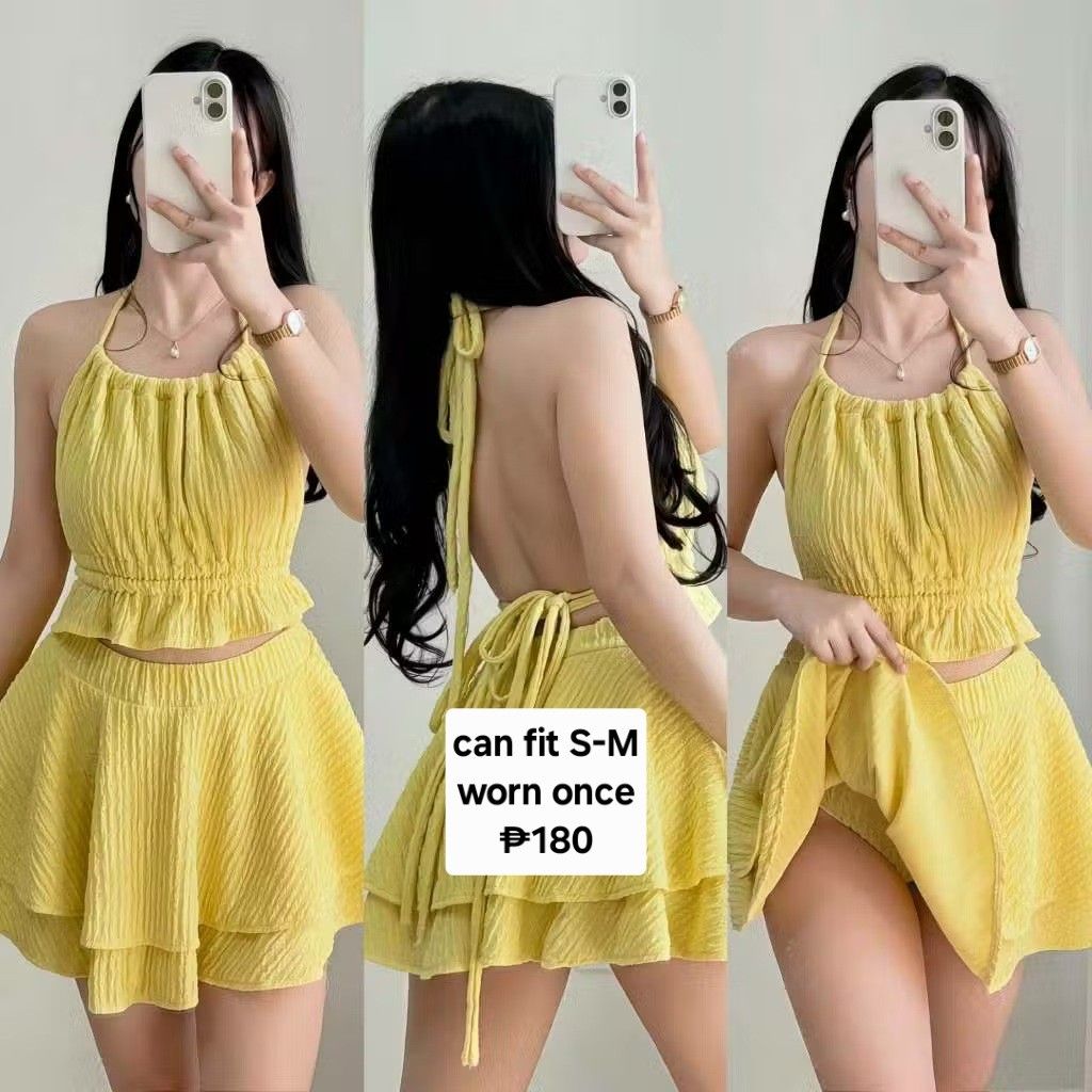 BACKLESS HALTER Terno Coords Bark Crepe Fabric (Category: Bikinis & Swimsuits) located in Manila. Submitted by emceebns (Listing ID 1438580190, Image 1). Description: BACKLESS HALTER Terno Coords Bark Crepe Fabric SMALL to MEDIUM.