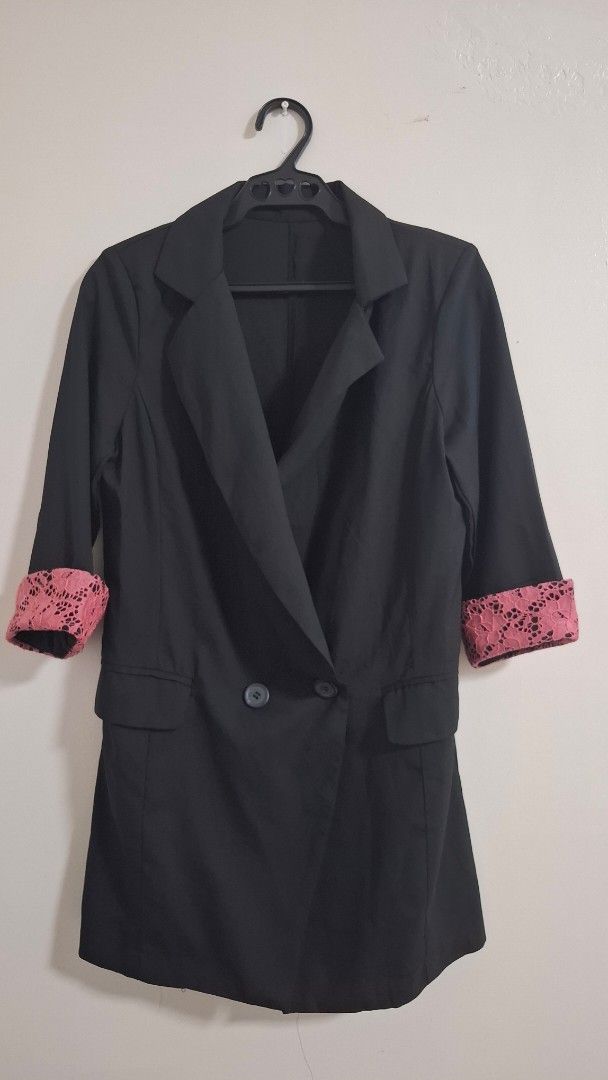 Black Blazer with Pink Lace Cuffs (Category: Coats, Jackets and Outerwear) located in Quezon City. Submitted by declutteringpurpose (Listing ID 1438568687, Image 1). Description: - Black blazer - Pink lace cuffs - Classic lapel collar - Feminine lace sleeve detail - Versatile for various occasions - small to medium size.