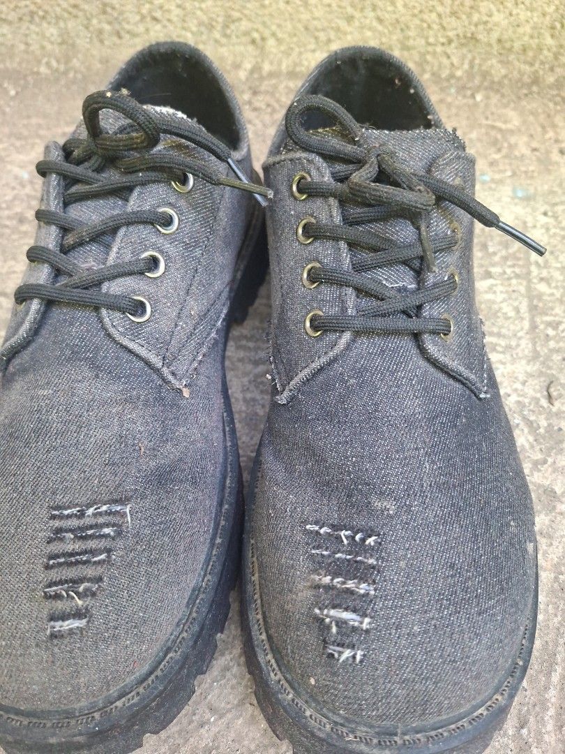 Black distressed denim chunky derby shoes (Category: Casual Shoes) located in Tuburan. Submitted by kimoii (Listing ID 1438510198, Image 2). Description: size:43 No Issue as new.