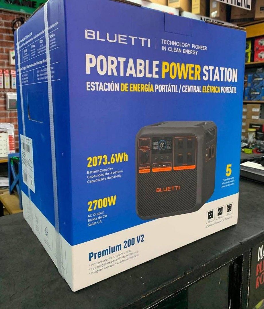 Bluetti Portable Power Station Premium 200 V2 (Category: Other Gadgets) located in Cavite. Submitted by deckpstore.cat (Listing ID 1438661994, Image 2). Description: Bluetti Portable Power Station Premium 200 V2. Features 2073.6Wh battery capacity and 2700W AC output. It can power various devices, including a drone, laptop, and refrigerator. Includes a 5-year warranty. The box includes the power station, AC charging cable, and a user manual. It s