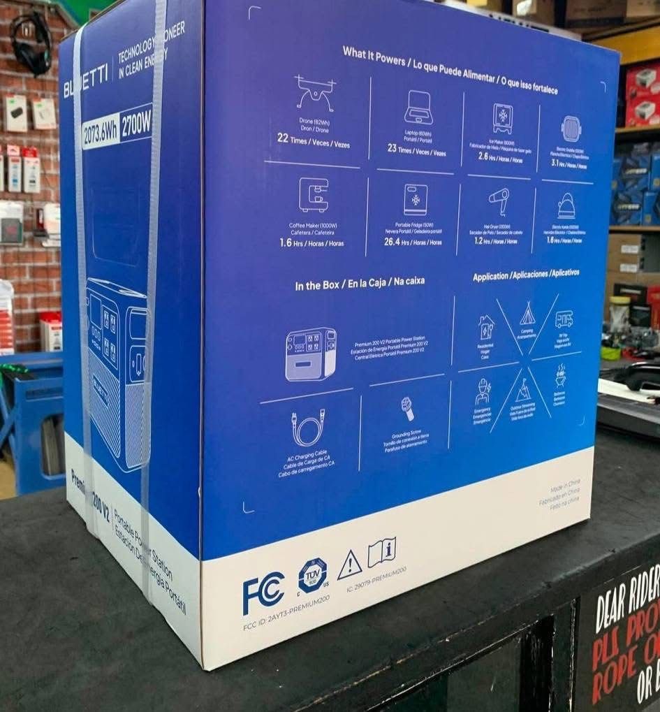 Bluetti Portable Power Station Premium 200 V2 (Category: Other Gadgets) located in Cavite. Submitted by deckpstore.cat (Listing ID 1438661994, Image 3). Description: Bluetti Portable Power Station Premium 200 V2. Features 2073.6Wh battery capacity and 2700W AC output. It can power various devices, including a drone, laptop, and refrigerator. Includes a 5-year warranty. The box includes the power station, AC charging cable, and a user manual. It s