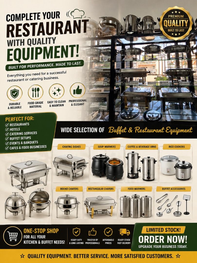 BUFFET & RESTAURANT EQUIPMENT SUPPLIER (Category: Dinnerware & Cutlery) located in Manila. Submitted by cartelcomnl (Listing ID 1438512925, Image 1). Description: BUFFET & RESTAURANT EQUIPMENT SUPPLIER 🍽️ Complete your kitchen, catering, and buffet setup with high-quality equipment! 💯 ✅ Chafing Dishes ✅ Soup Warmers ✅ Coffee Boilers & Beverage Urns ✅ Rice Cookers ✅ Food Warmers ✅ Buffet Accessories ✅ Stainless Kitchen Equipment Perfect for: ✔ R