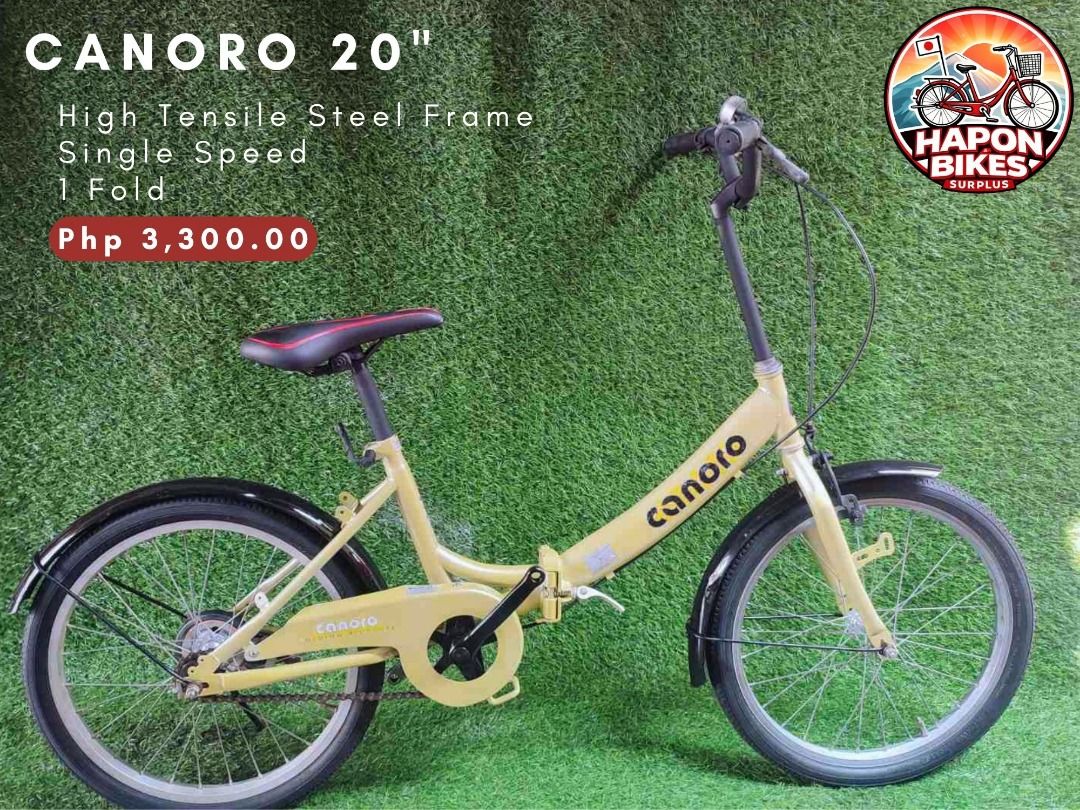 Canoro 20" Folding Bike Japan Surplus (Category: Bicycles) located in Valenzuela. Submitted by haponbikessurplus (Listing ID 1438577108, Image 1). Description: CANORO 20" HIGH TENSILE STEEL FRAME SINGLE SPEED 1 FOLD.