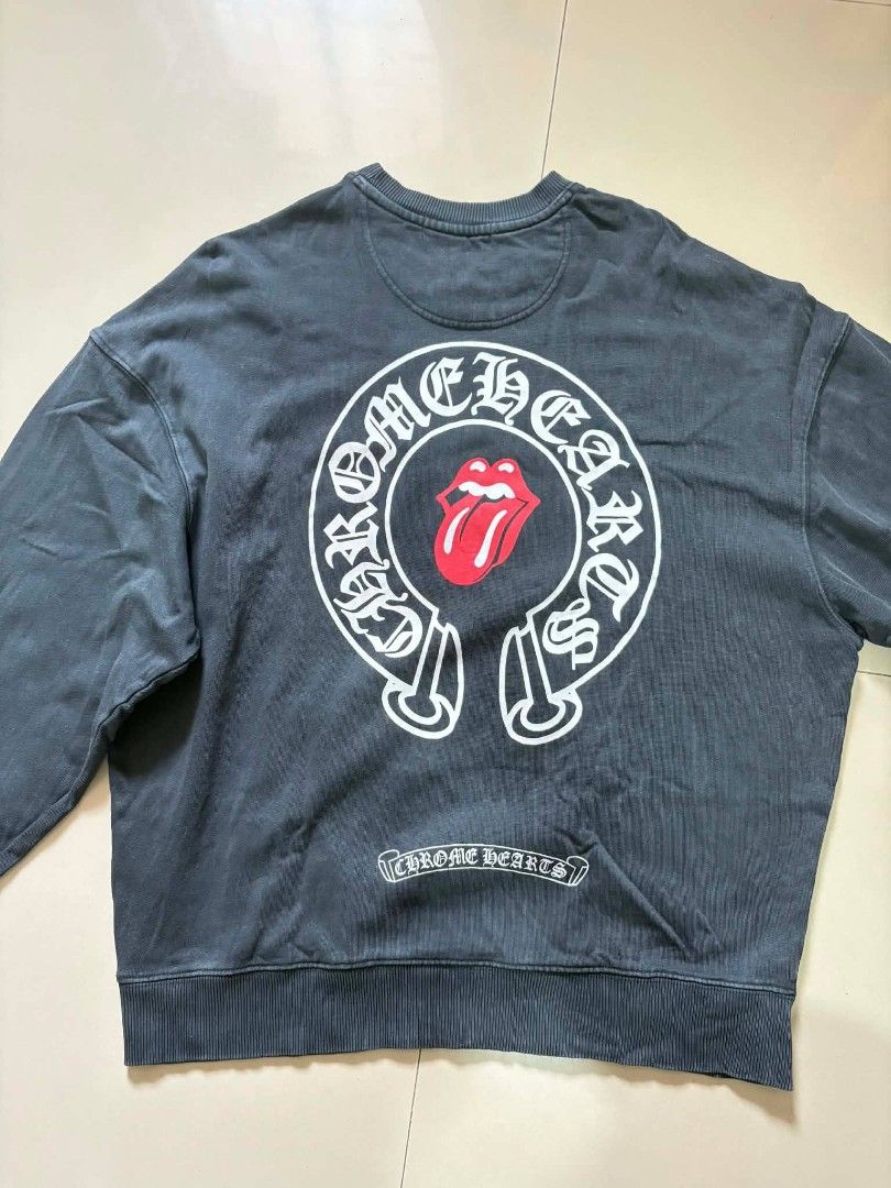 Chrome Hearts Rolling Stones Sweatshirt (Category: Coats, Jackets and Outerwear) located in Manila. Submitted by imbeloved_gaiusssss (Listing ID 1438589917, Image 1). Description: Sweatshirt features a large Chrome Hearts logo with the Rolling Stones tongue graphic on the back. The bottom of the sweatshirt has a small Chrome Hearts logo. It has a crew neck and long sleeves..