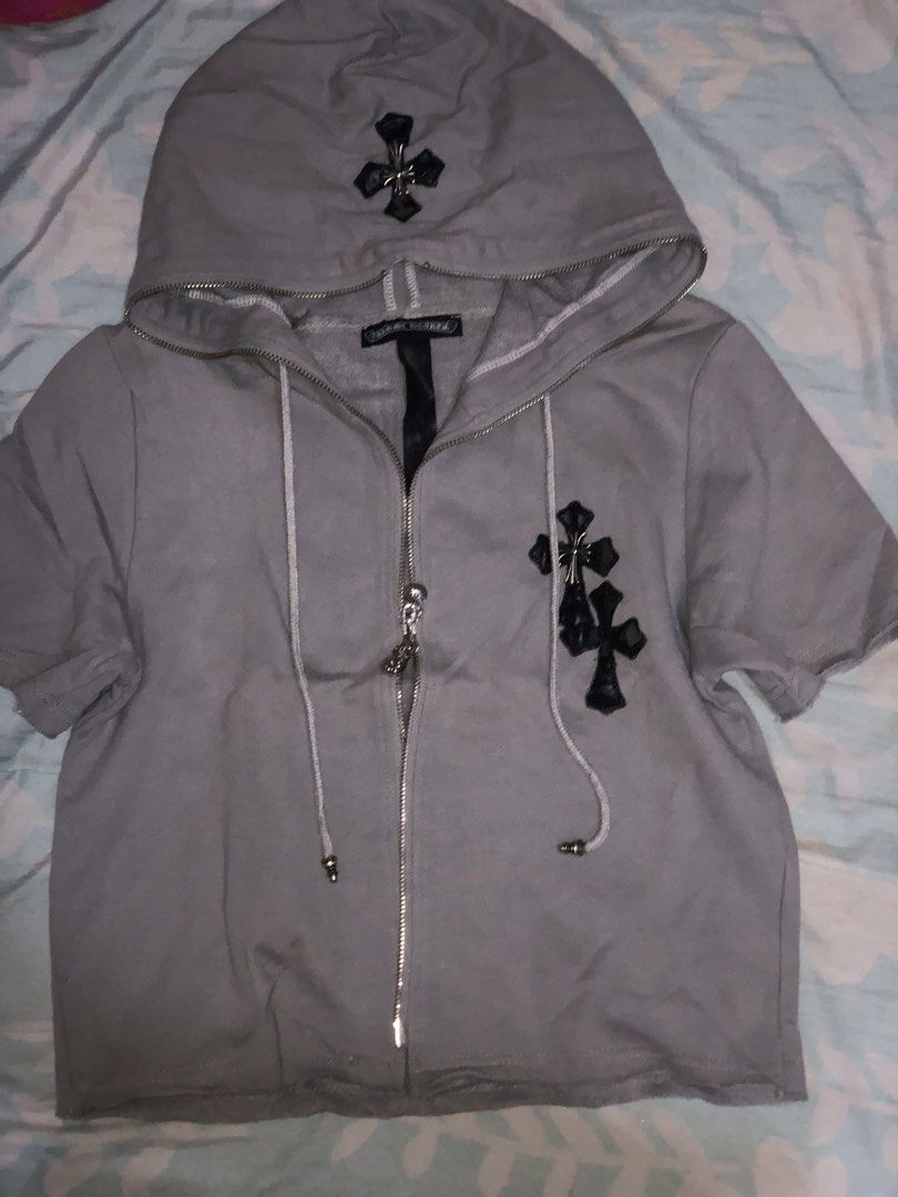 Chrome Hearts Short Sleeve Hoodie (Category: Coats, Jackets and Outerwear) located in Manila. Submitted by andreiya (Listing ID 1438651964, Image 2). Description: Chrome Hearts gray zip-up hoodie. Features cross embellishments, drawstring, and brand tag. Soft fabric..