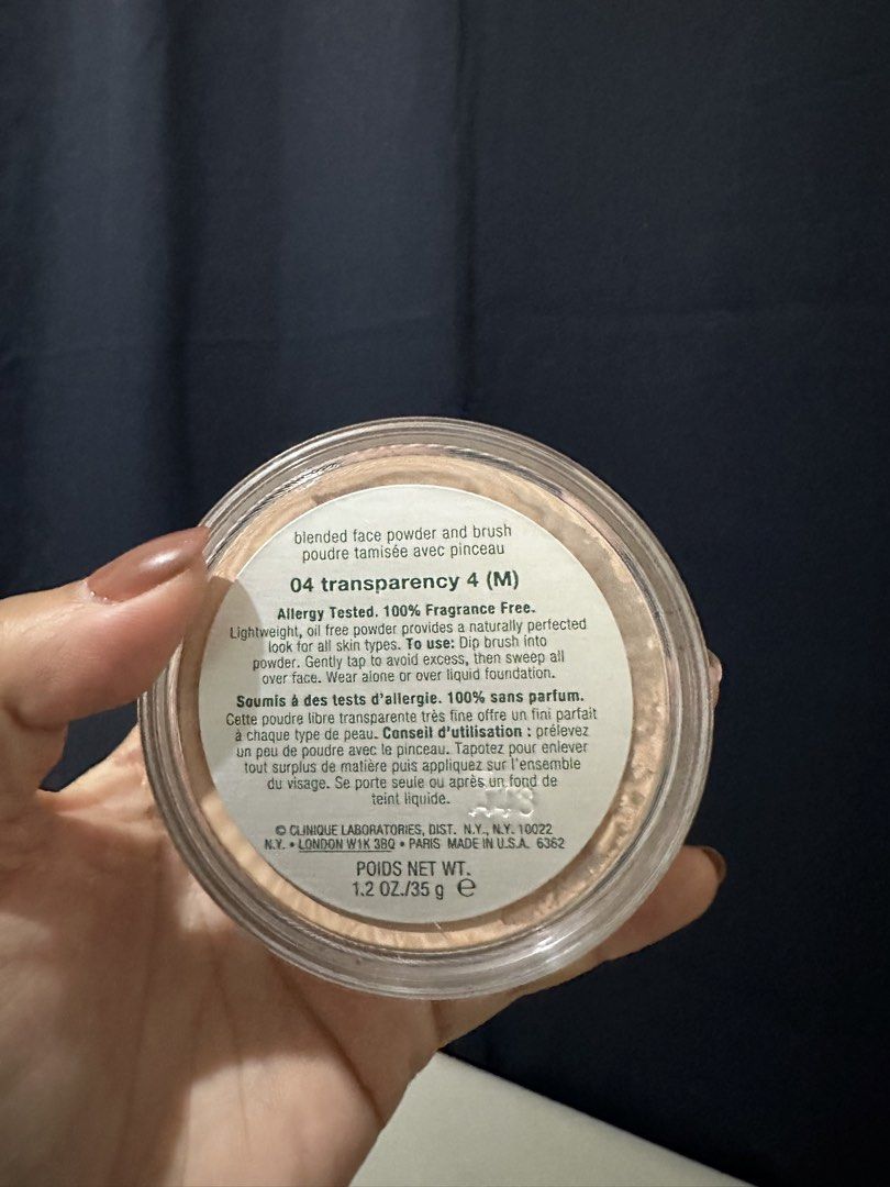 Clinique Blended Face Powder (Category: Makeup) located in Pasig City. Submitted by jngscollection (Listing ID 1438554506, Image 2). Description: The 35g (1.2 oz) Clinique Blended Face Powder. This iconic superfine, lightweight loose setting powder provides a sheer, flawless finish and helps minimize the appearance of pores. Shade 4 Transparency M no box, no brush, .