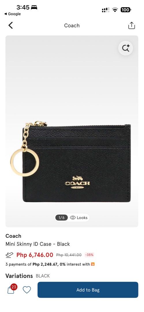 100% Authentic Coach Mini Skinny ID Case - Black (Category: Wallets & Card holders) located in Manila. Submitted by sabsab8 (Listing ID 1438685386, Image 2). Description: Authentic Coach Mini Skinny ID Case in black. Compact and stylish, with zip closure, key ring, and card slots. Includes original packaging and tags. Came with my authentic bag pasabay from California. Mop: gcash Loc: mandaluyong .